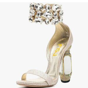 FSJ Champagne Open Toe Stylish Sandal Ankle Strap Crystal Heel Wedding Shoes